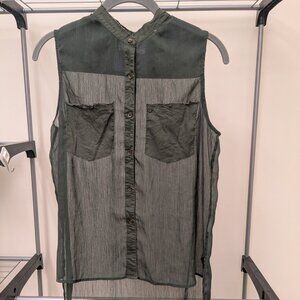 True Religion - Sleeveless Sheer Block Top High Low Hem - Olive Green - Size S